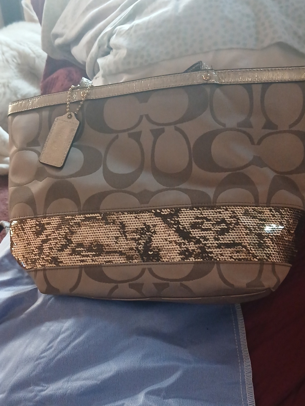Coach Sequin Signature Tote Bag Gold Canvas Y2K Shoulder Bag Vintage Euc